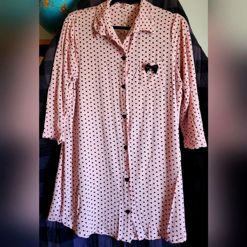 NWOT Betsey Johnson Sleep Shirt Nightgown Junior's Large Pink Heart Polka Dot